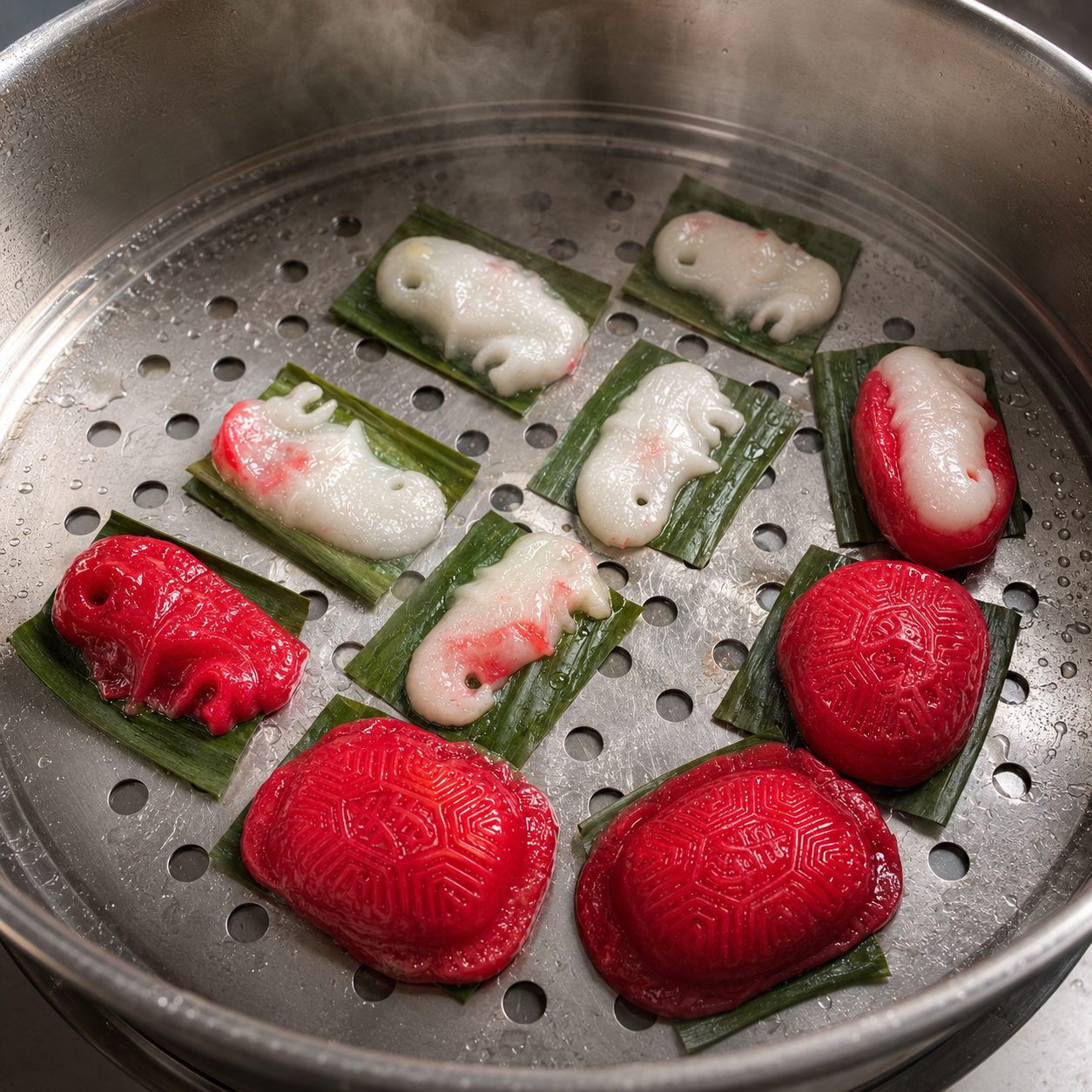 Freshly steamed ang ku kueh on banana leaf in a steamer at an Edufarm workshop — red tortoise-patterned kueh alongside pale animal-shaped ones
