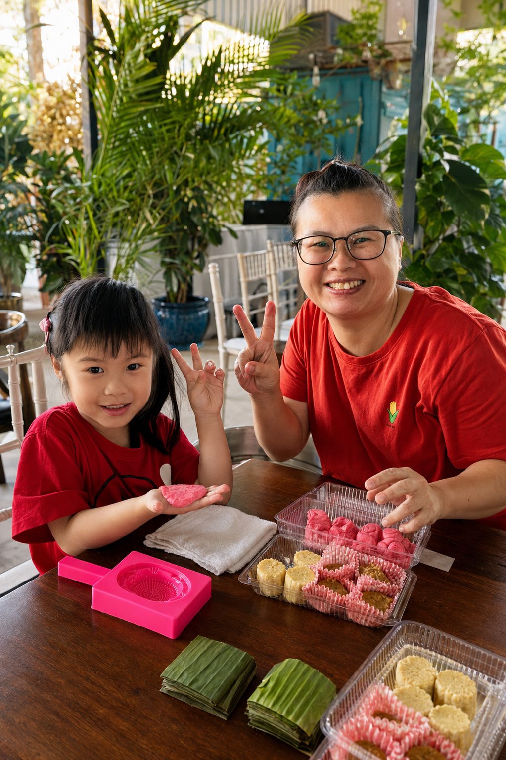 A young girl holding up the pink ang ku kueh she shaped at an Edufarm ang ku kueh workshop, with an adult beside her and a kueh mould, cut banana leaves and trays of finished kueh on the table
