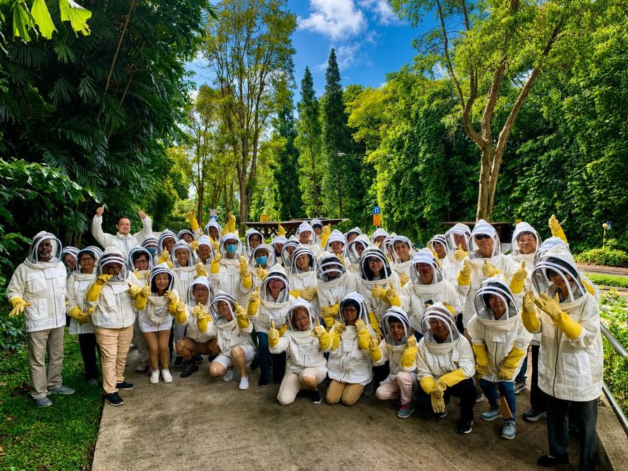 Edufarm group workshop at Bee Amazed Garden — participants in white beekeeping suits and yellow gloves