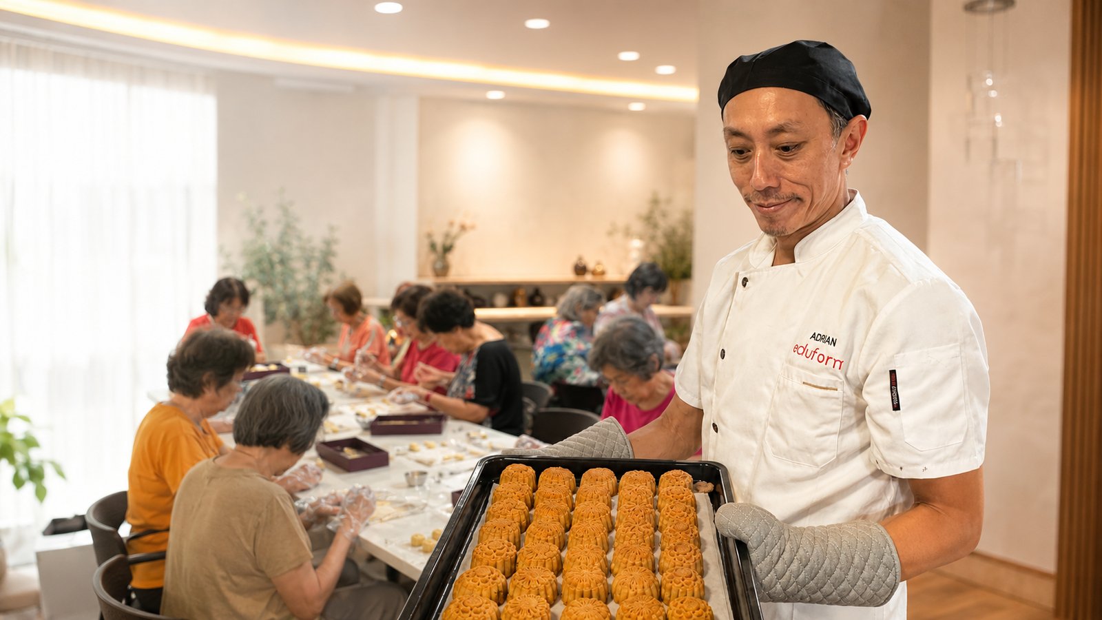 SHATEC-trained Chef Adrian in Edufarm chef whites holding a tray of freshly baked mooncakes, with participants baking in the background