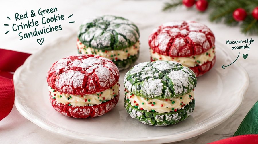 Concept image of red and green crinkle cookie sandwiches filled with cream cheese frosting and sprinkles, assembled macaron-style