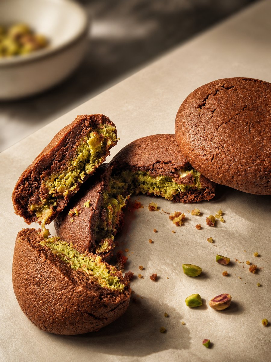 Dubai-style chewy chocolate cookies broken open to show a green pistachio filling, baked with Chef Adrian at an Edufarm workshop