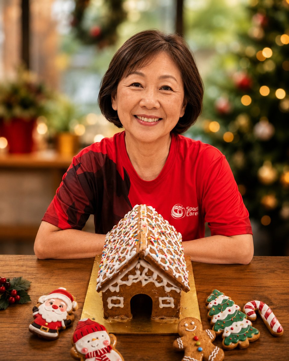 A participant with the gingerbread house and festive iced cookies she decorated at an Edufarm Christmas baking workshop with Chef Adrian