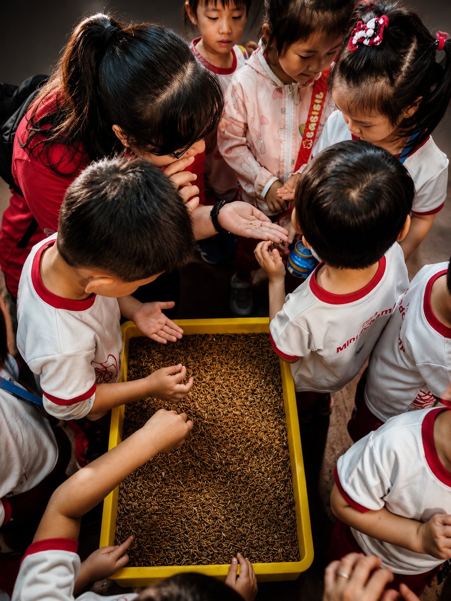 Preschool children gathered around a tray of live mealworms during an Edufarm urban insect farm tour