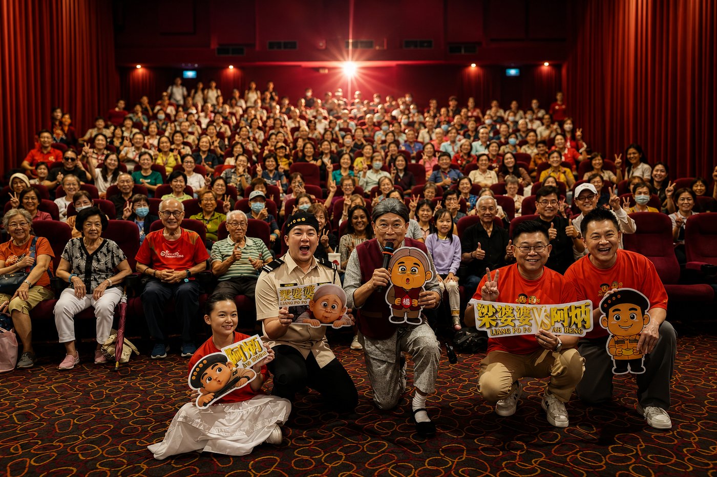 A full cinema hall of seniors at an Edufarm private screening, with the cast of 梁婆婆 VS 阿炳 appearing in character at the front