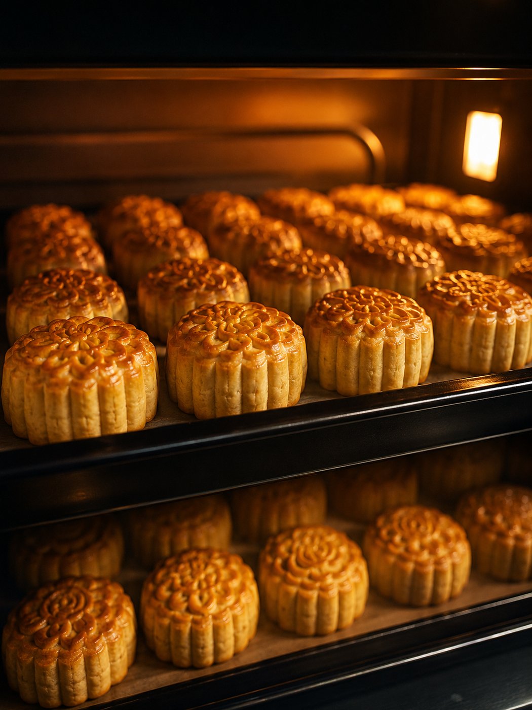 Golden baked flower-patterned mooncakes fresh from the oven at an Edufarm mooncake workshop