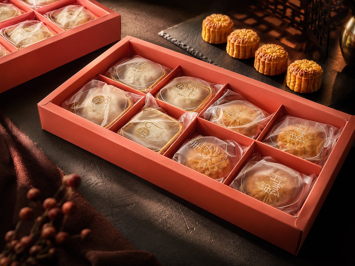 Handmade mooncakes individually wrapped and presented in elegant red Mid-Autumn gift boxes from an Edufarm workshop