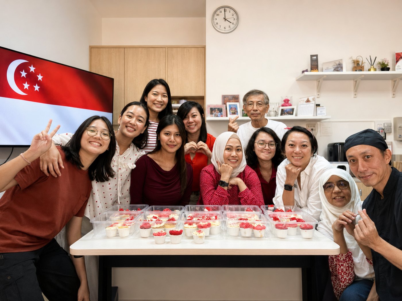 A diverse group at an Edufarm National Day baking class with Chef Adrian, celebrating with their red-and-white cupcakes in front of a Singapore flag