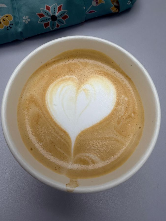 Close-up of heart-shaped latte art made during the Seniors Barista Workshop