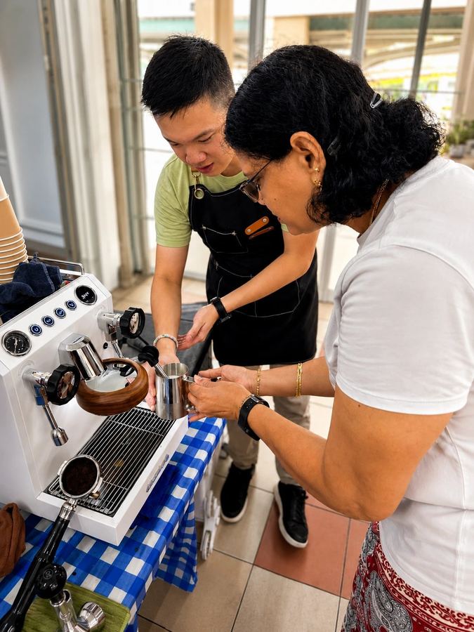 Seniors barista workshop participant learning to use an espresso machine with instructor guidance