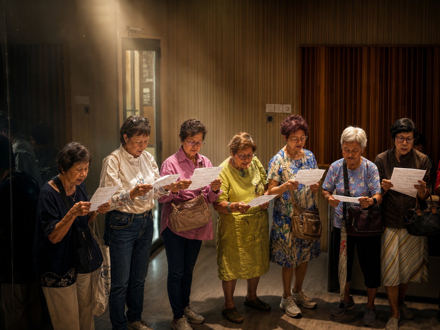 Seniors singing from song sheets during a guided vocal session at the Lee Wei Song Music Academy with Edufarm