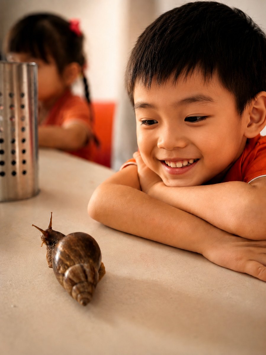 A young boy smiling face-to-face with a live snail during an Edufarm snail farm tour