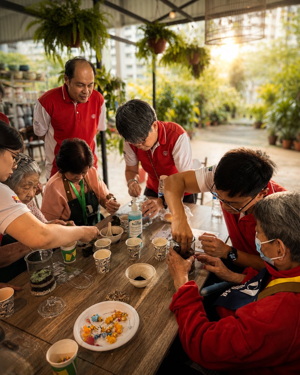 Seniors assembling their glass terrariums with helpers at an Edufarm terrarium workshop